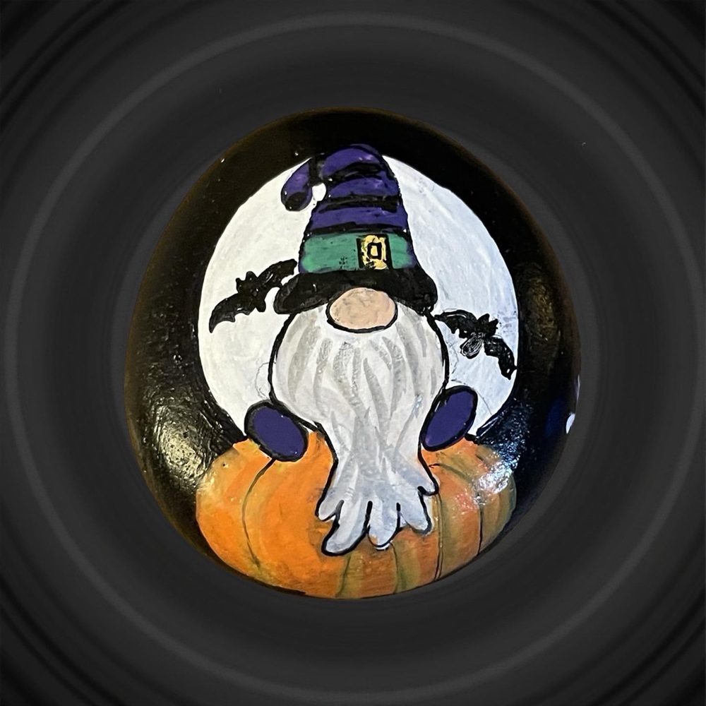 Hand crafted painted Halloween gnome rock white moon orange pumpkin black bats - Picture 11 of 15